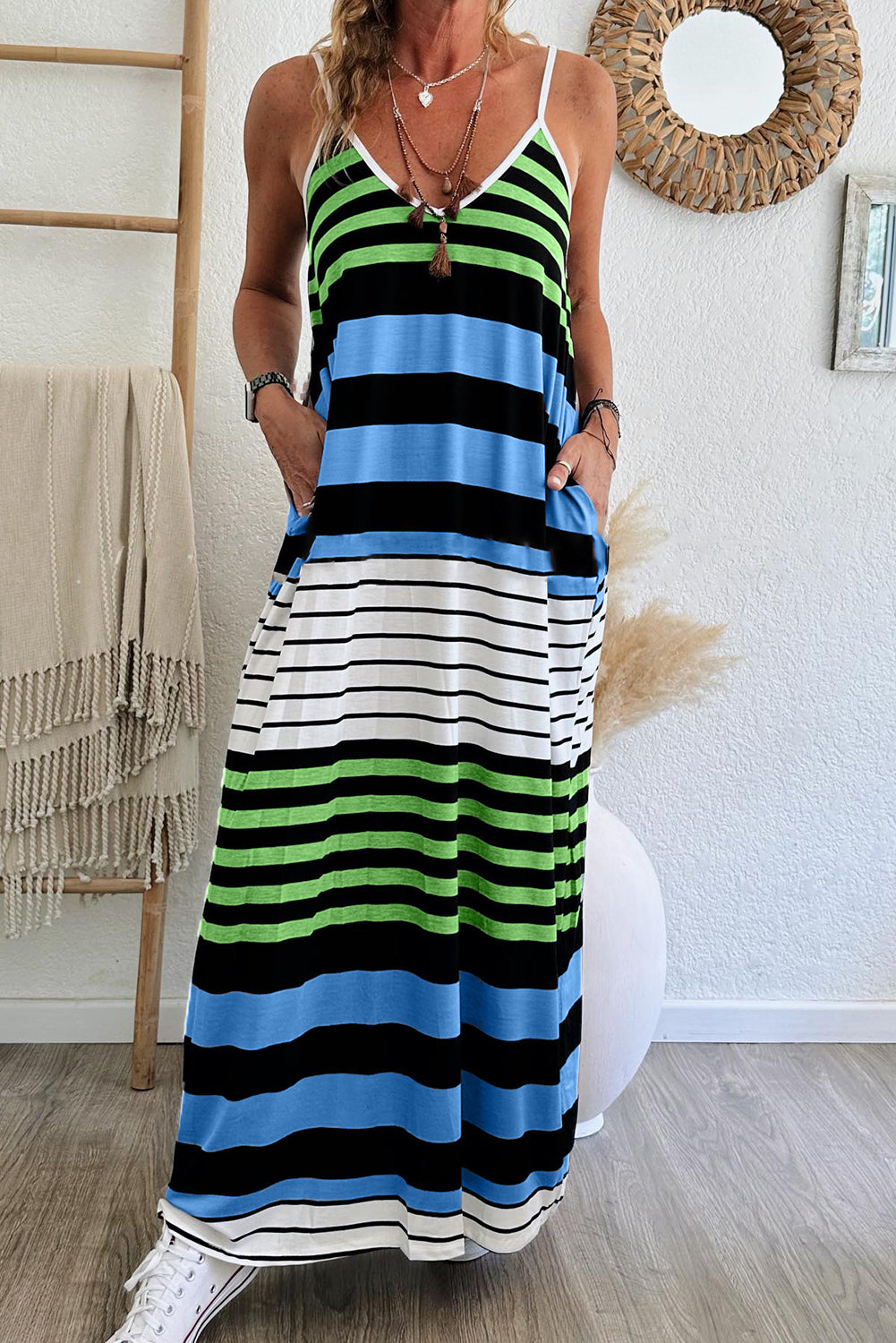 Sky Blue Stripe Mixed Stripes Spaghetti Straps V Neck Maxi Dress Pre Order Dresses JT's Designer Fashion