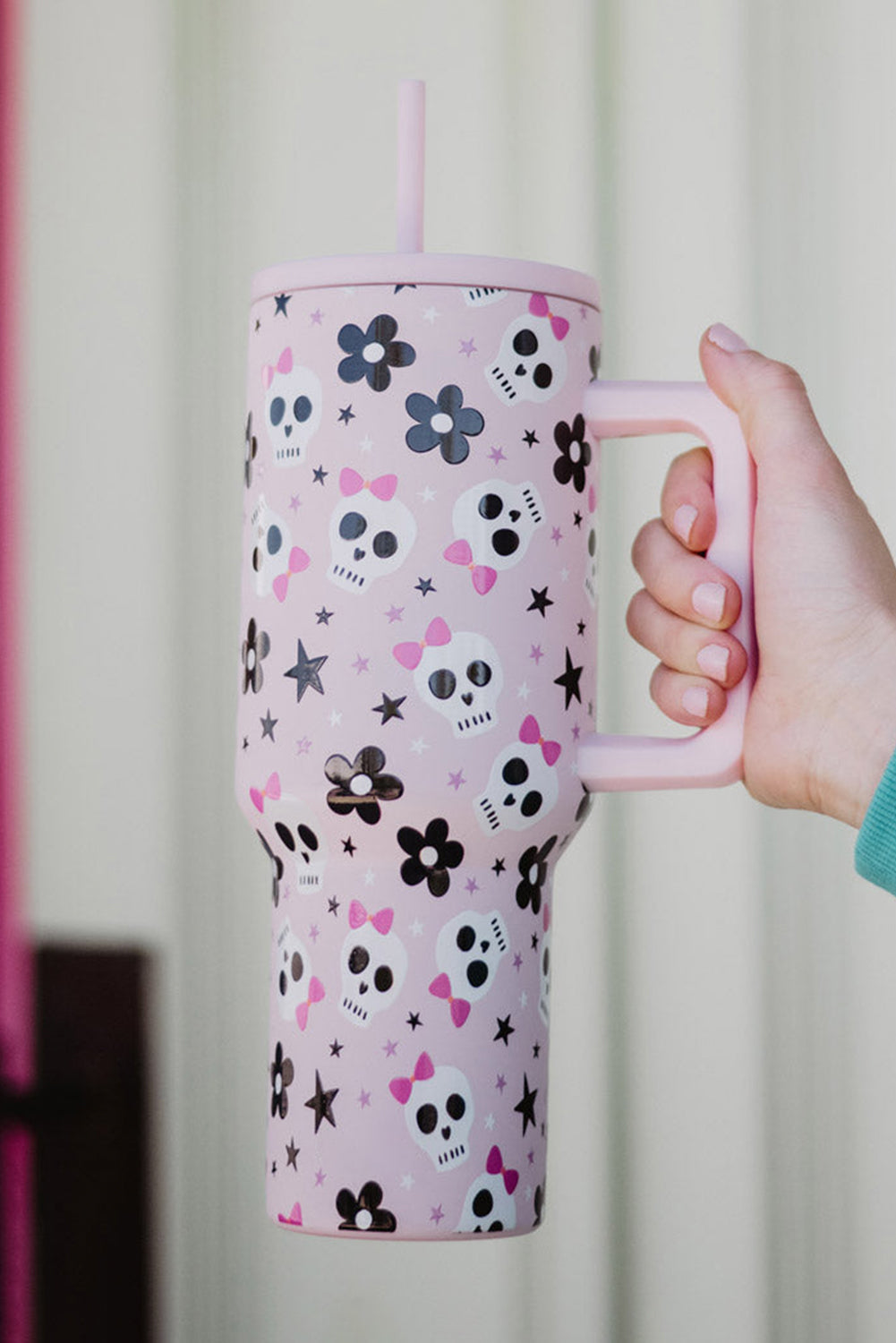 Light Pink Halloween Skull Flower Print Handle Large Vacuum Cup 40oz Tumblers JT's Designer Fashion