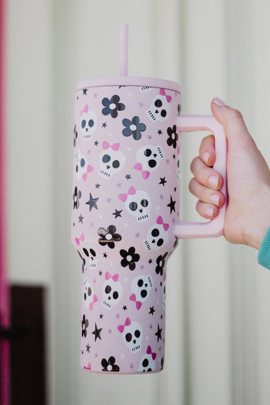 Light Pink Halloween Skull Flower Print Handle Large Vacuum Cup 40oz Tumblers JT's Designer Fashion