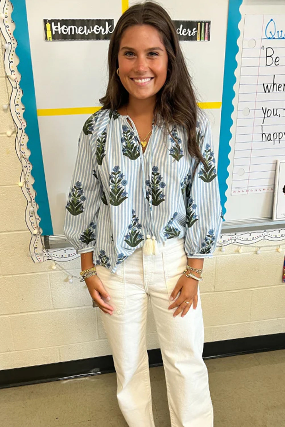 Beau Blue Striped Floral Printed Long Sleeve Tied V Neck Blouse Blouses & Shirts JT's Designer Fashion