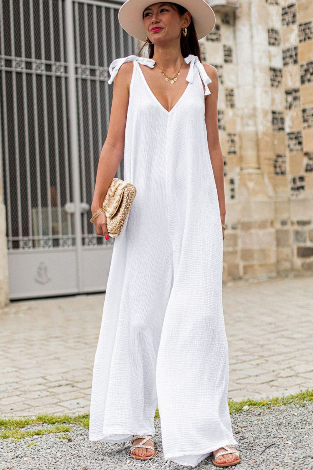 White Textured Tied Straps V Neck Wide Leg Jumpsuit Pre Order Bottoms JT's Designer Fashion