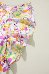Purple Abstract Printed Ruffled Short Sleeve Notched Neck Blouse Blouses & Shirts JT's Designer Fashion