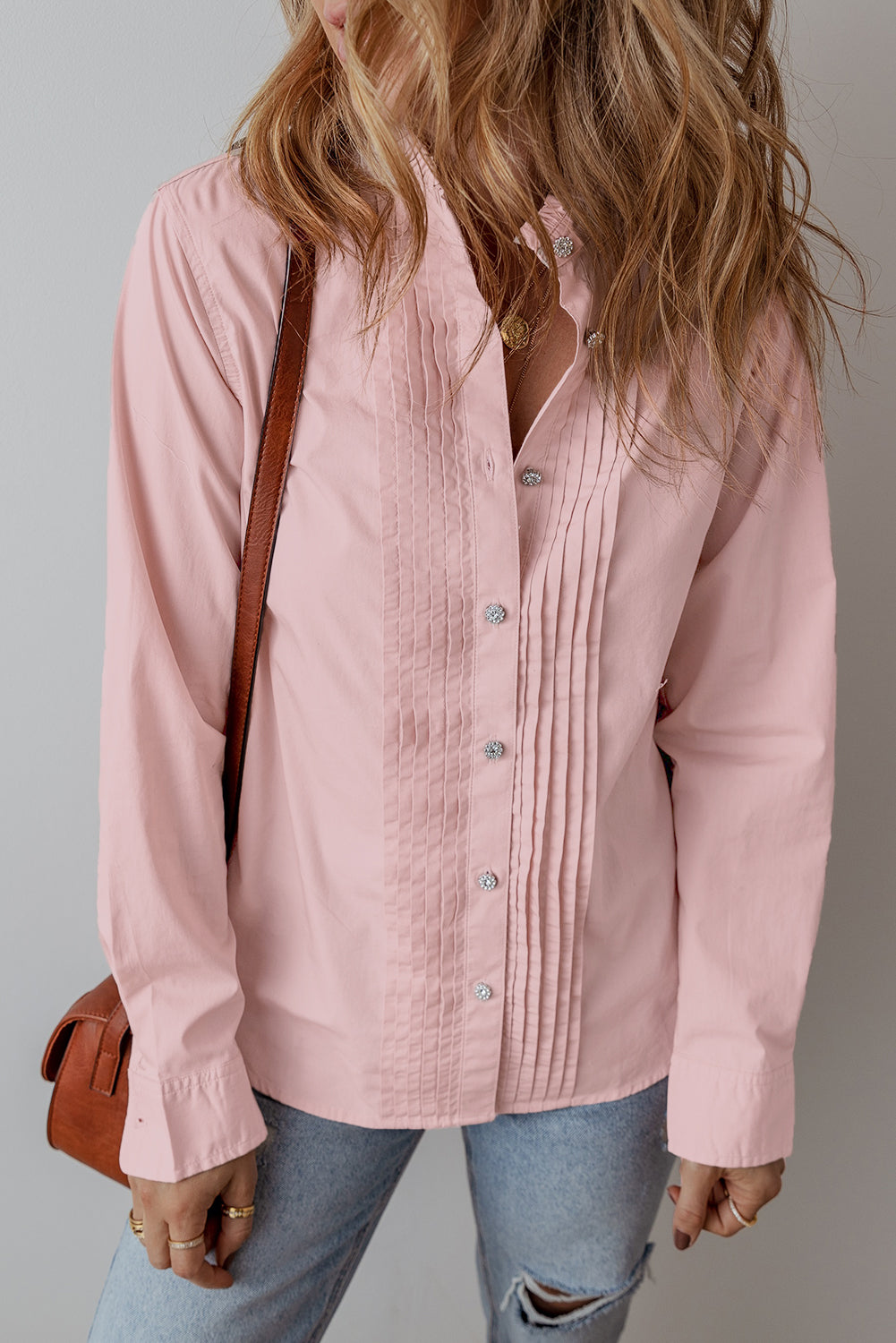 Light Pink Pleated Button-Up Loose Fit Casual Shirt Blouses & Shirts JT's Designer Fashion