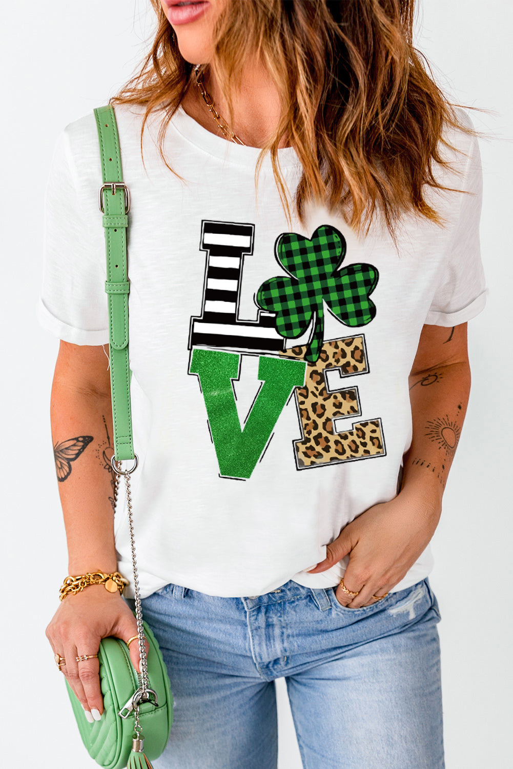 White LOVE Clover Glitter Graphic Print Crew Neck T Shirt White 95%Polyester+5%Elastane Graphic Tees JT's Designer Fashion