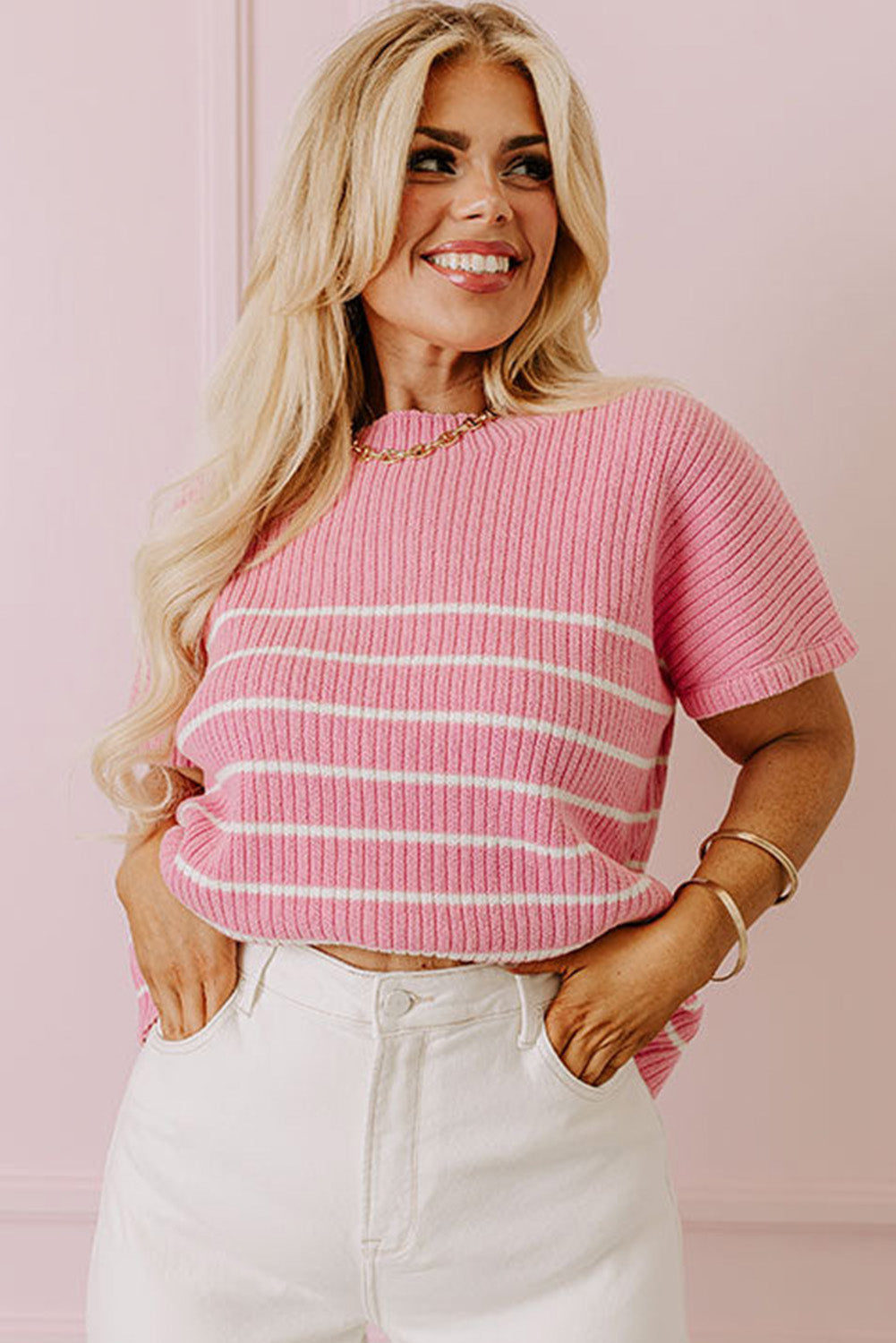 Pink Stripe Ribbed Loose Plus T Shirt Plus Size JT's Designer Fashion