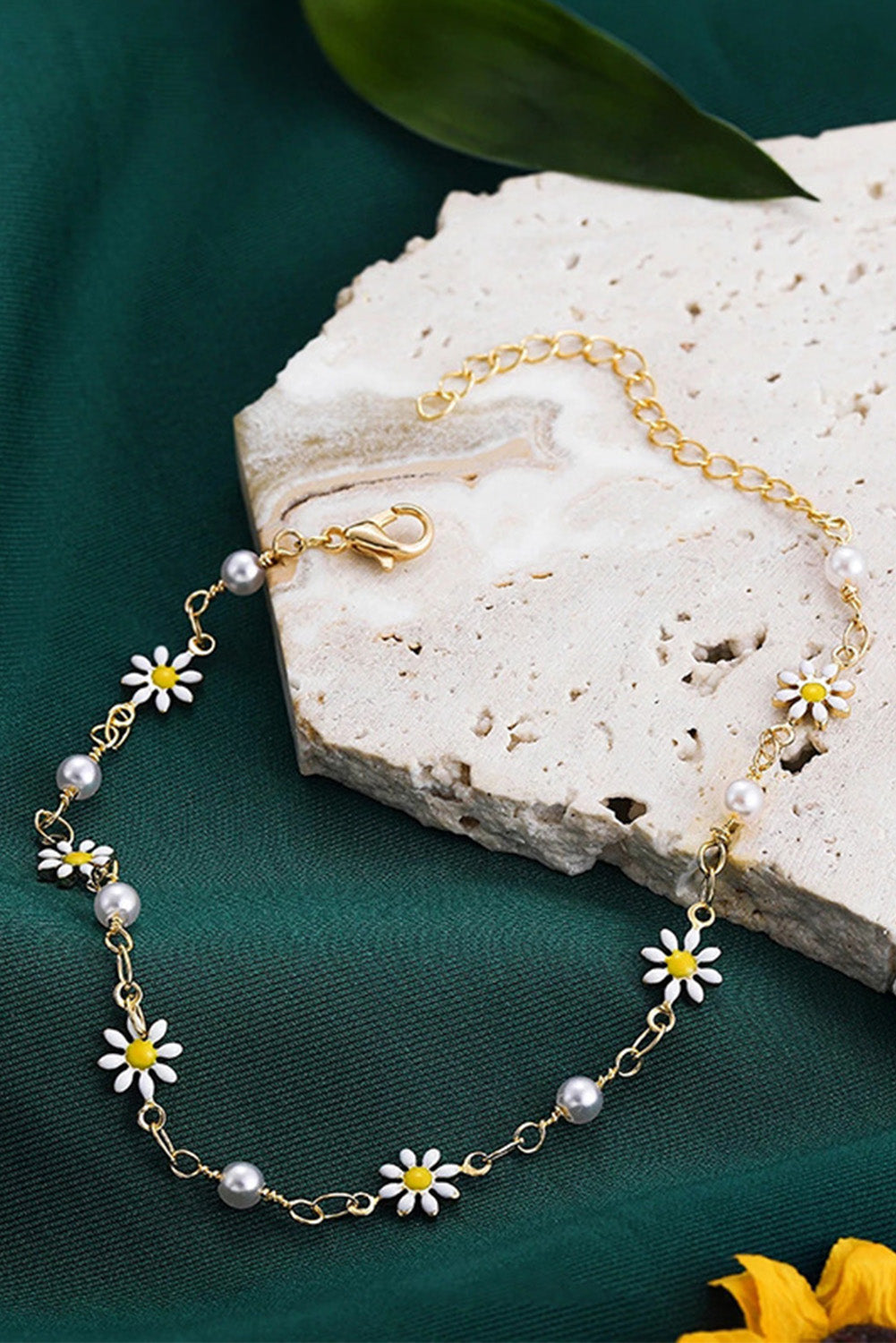 Gold Daisy & Pearl Chain Anklet Jewelry JT's Designer Fashion