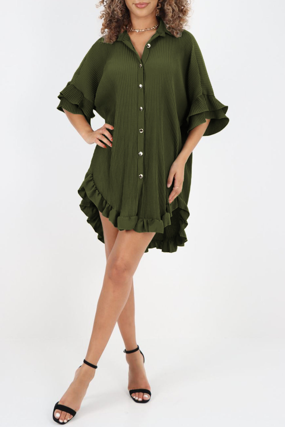 Moss Green High-low Hem Ruffle Sleeve Pleated Shirt Dress Mini Dresses JT's Designer Fashion