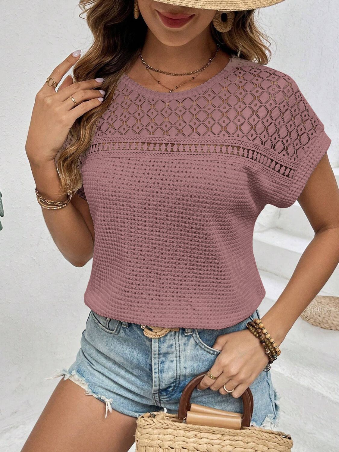 Waffle-Knit Round Neck Short Sleeve Top Dusty Pink Blouses & Shirts JT's Designer Fashion