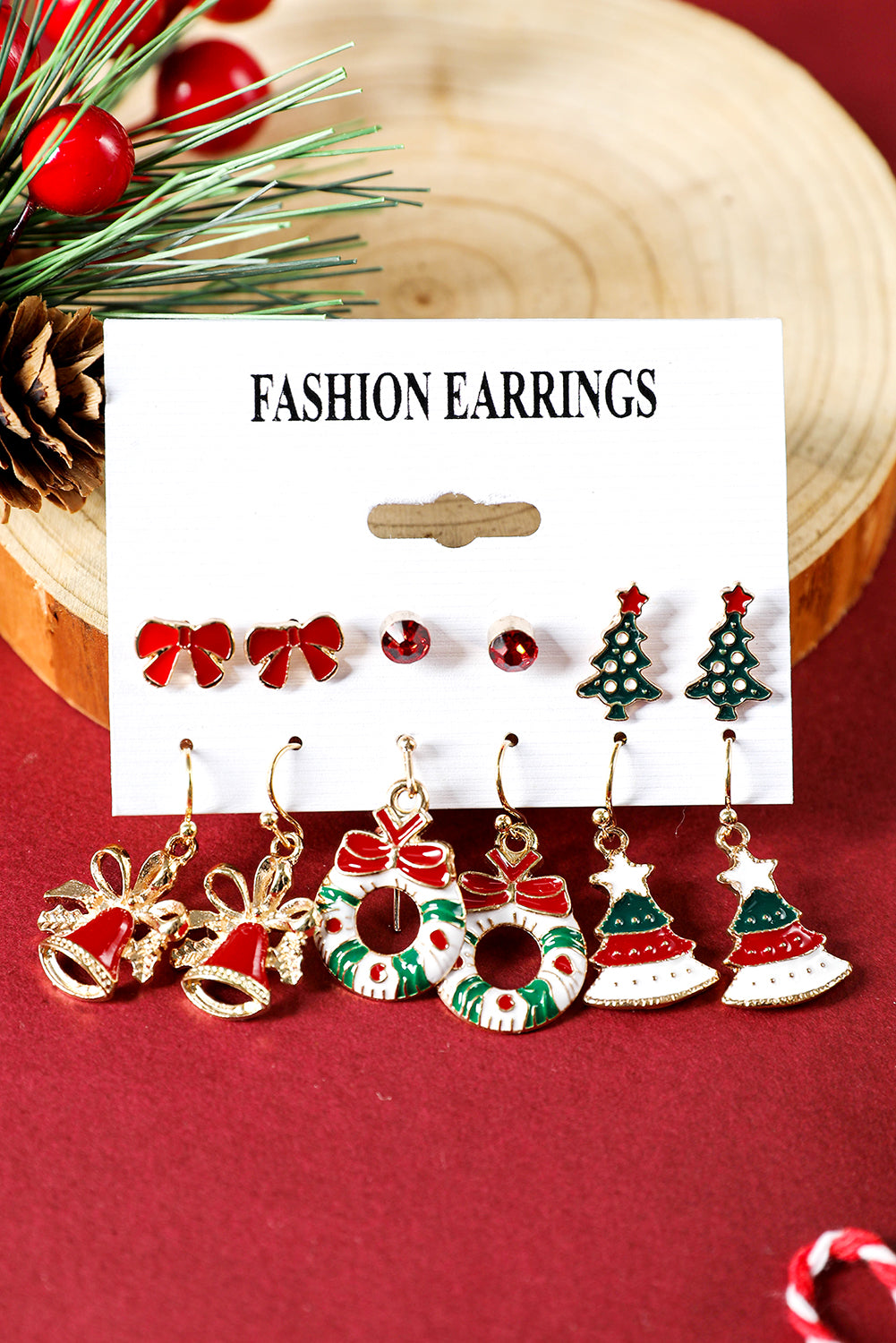 Racing Red 6 Pairs/Set Christmas Tree Wreath Bell Bow Knot Earring Set Jewelry JT's Designer Fashion