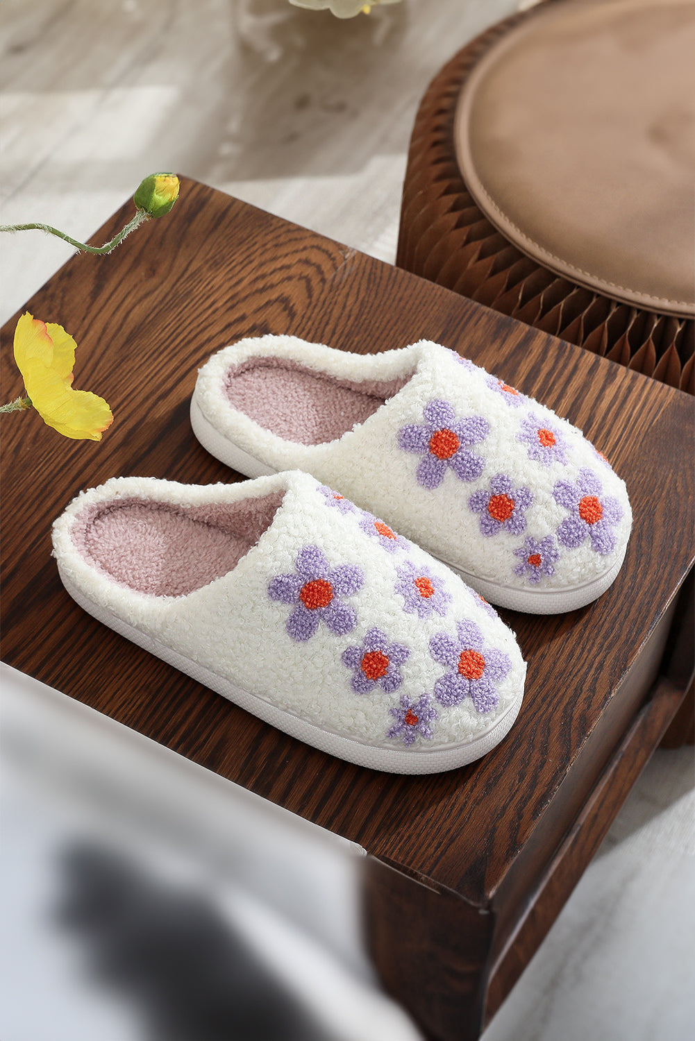 Tillandsia Purple Cute Floral Printed Plush Home Slippers Slippers JT's Designer Fashion