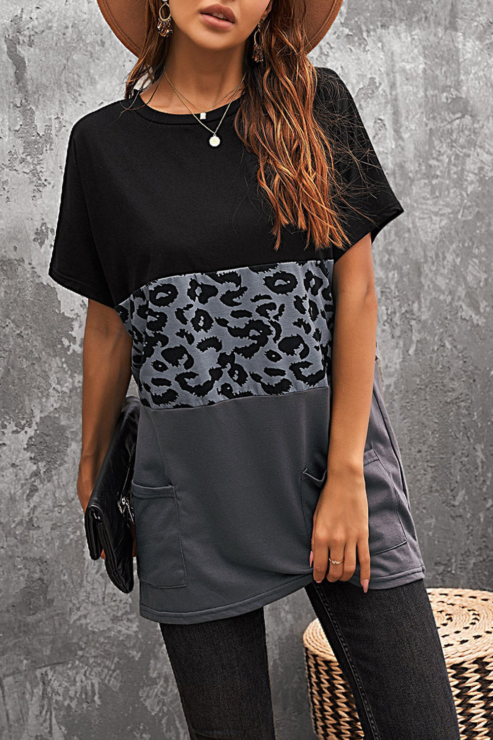 Leopard Triple Colorblock Splicing Short Sleeve Mini Dress with Pockets T Shirt Dresses JT's Designer Fashion