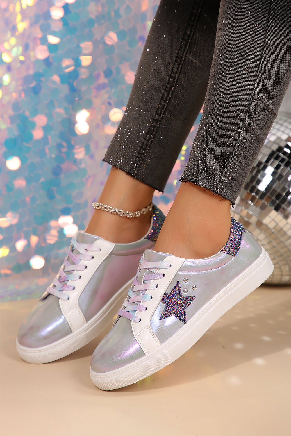 Silvery Star Sequin Patchwork Criss Cross Casual Shoes Women's Shoes JT's Designer Fashion