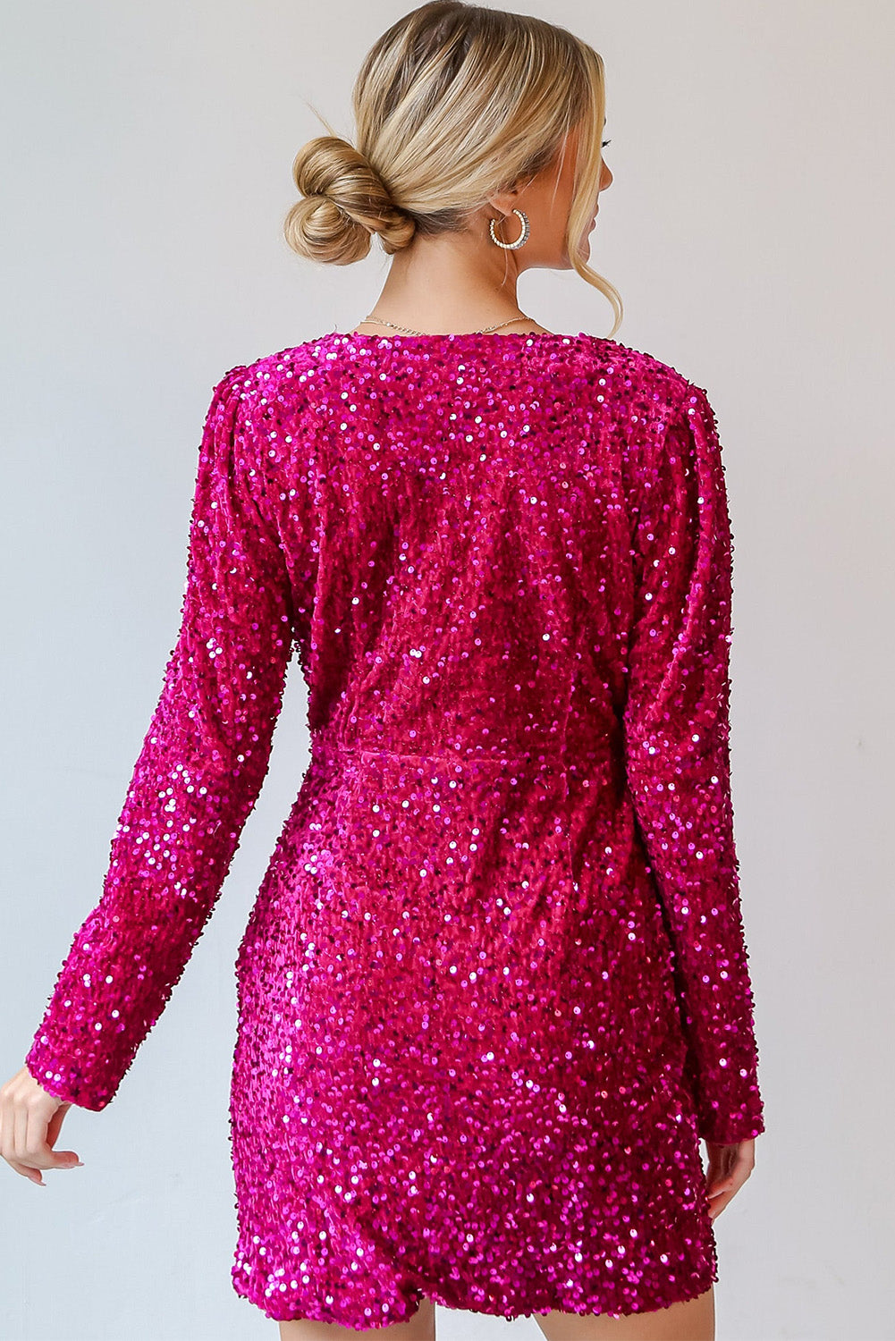 Pitaya Pink Velvet Sequin Long Sleeve V Neck Wrapped Mini Dress Sequin Dresses JT's Designer Fashion