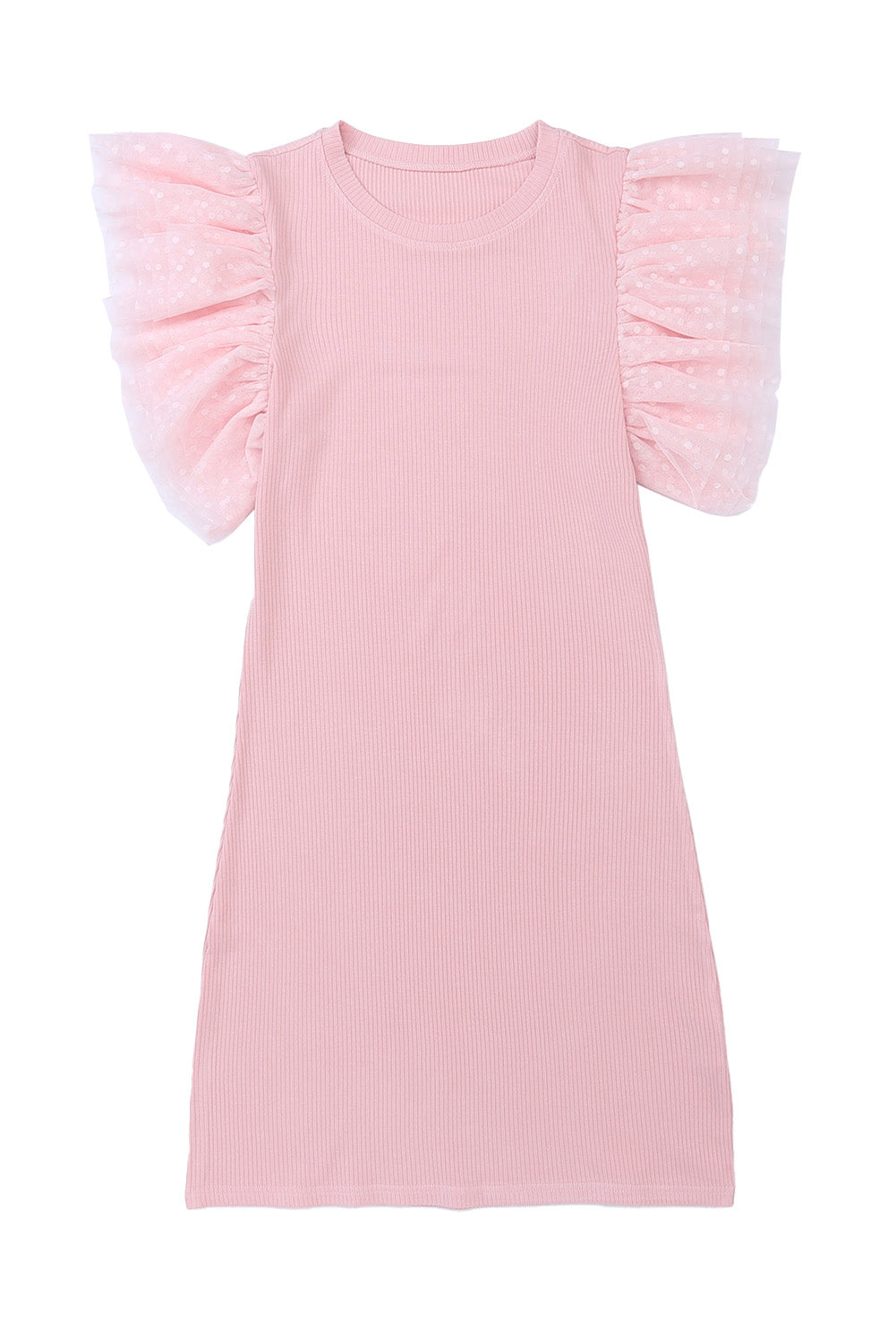 Pink Ruffle Tulle Sleeve Ribbed Knit Bodycon Dress Bodycon Dresses JT's Designer Fashion