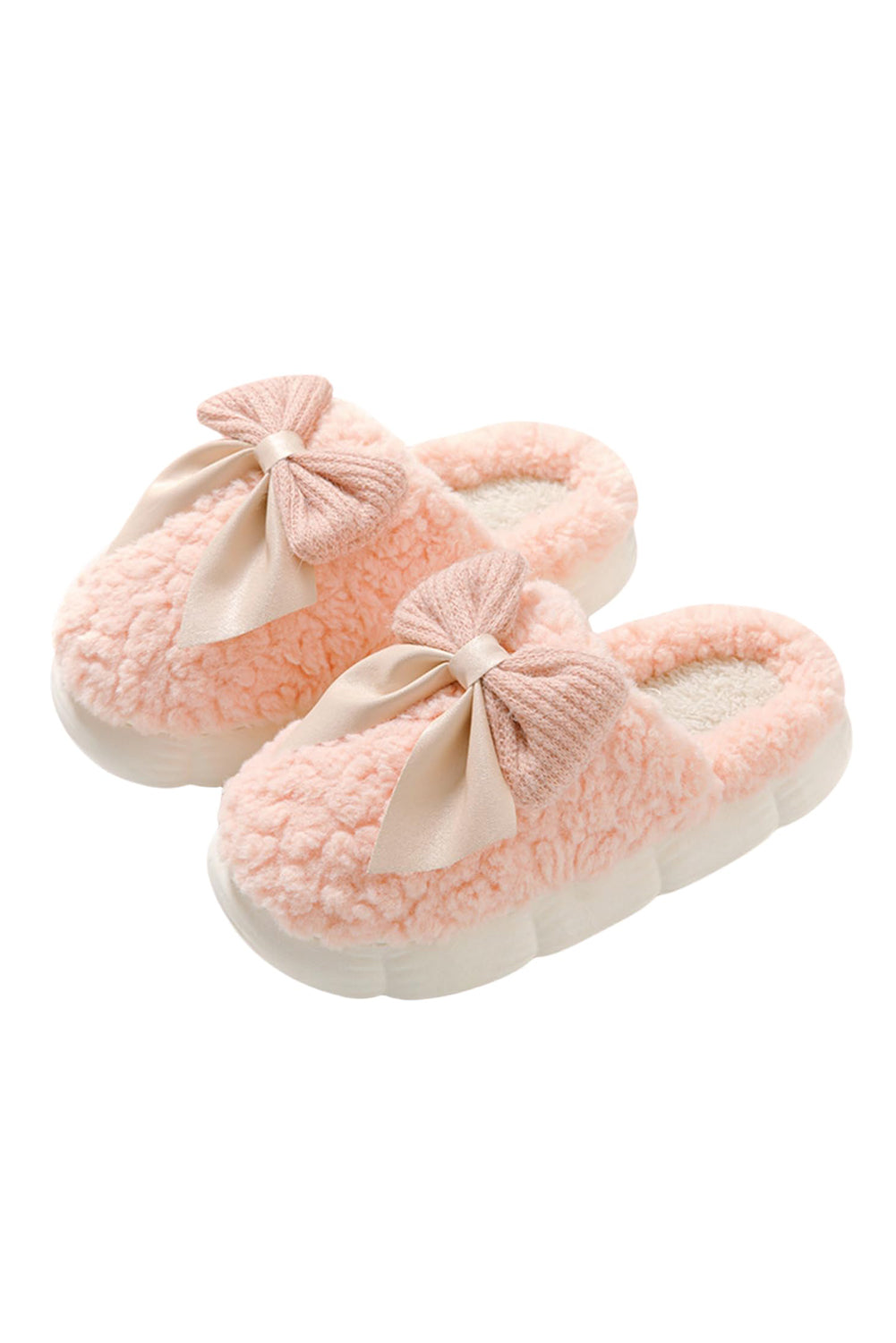 Pink Contrast Bowknot Applique Plush Winter Slippers Slippers JT's Designer Fashion