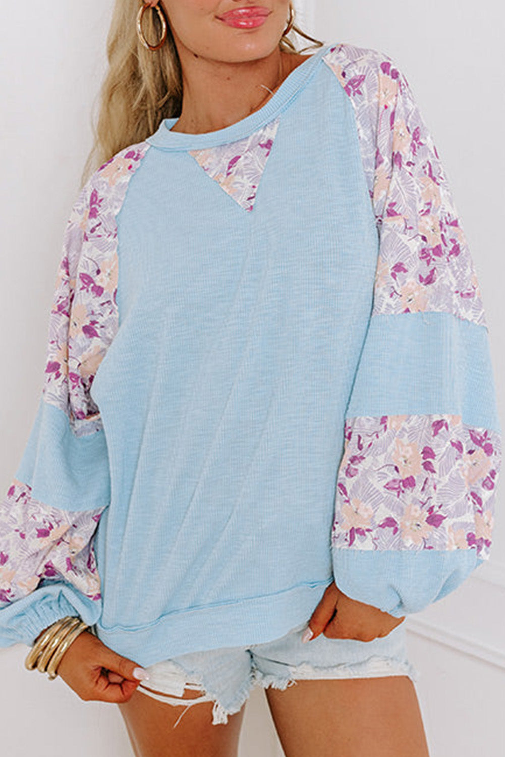 Beau Blue Textured Floral Patchwork Balloon Sleeve Blouse Blouses & Shirts JT's Designer Fashion