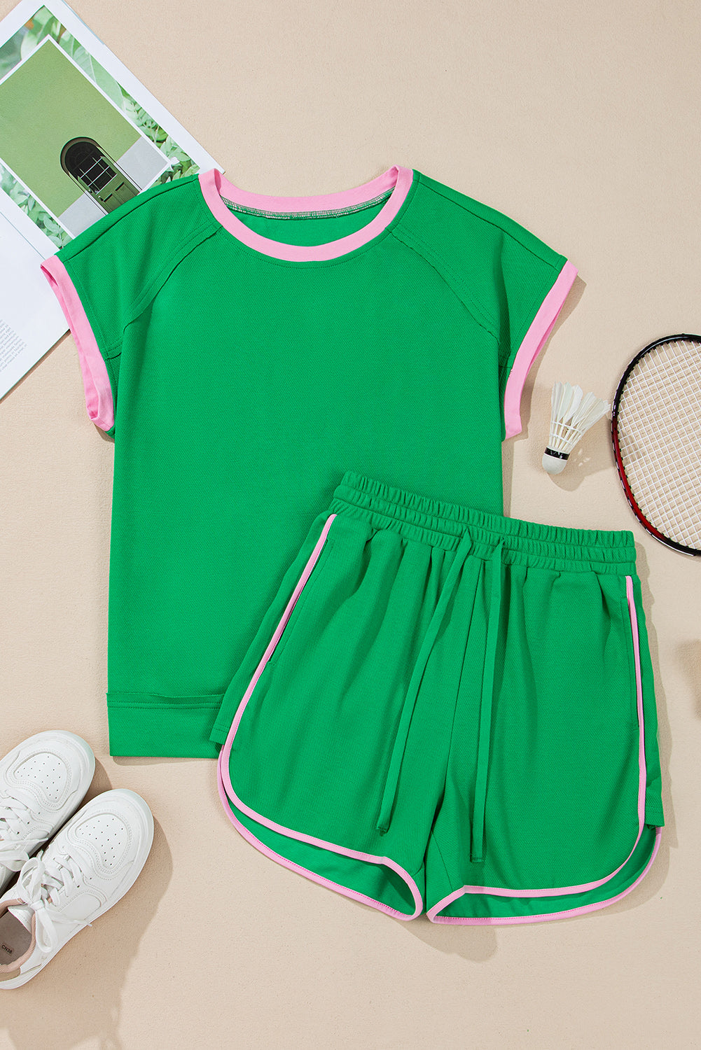 Bright Green Two Tone Contrast Textured Crewneck Tee and Shorts Set Short Sets JT's Designer Fashion