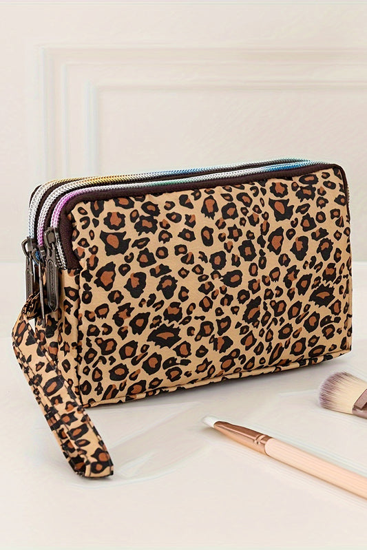 Brown Leopard Print PU Leather Wristlet Zipper Makeup Bag Makeup Bags JT's Designer Fashion