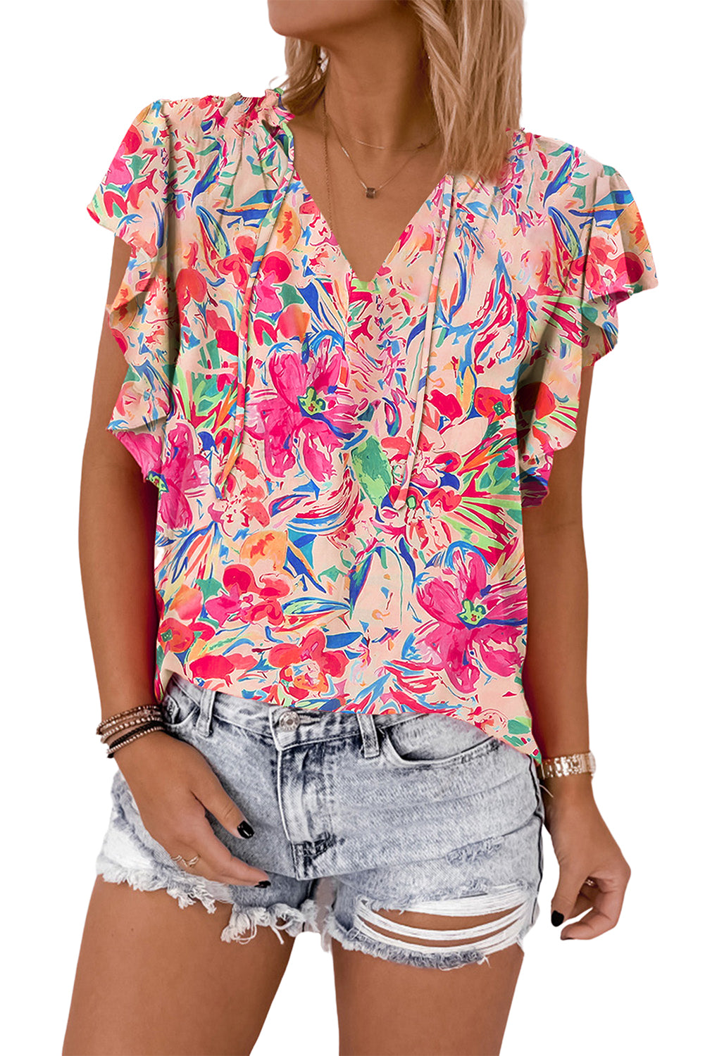 Multicolour Floral Ruffled Sleeve V Neck Summer Blouse Blouses & Shirts JT's Designer Fashion