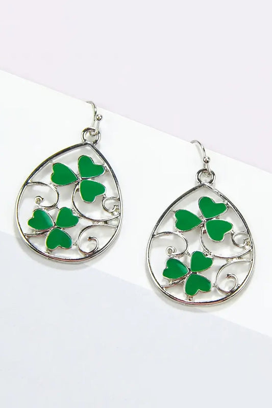 Silvery St. Patrick Clover Hollow Out Drop Earrings Jewelry JT's Designer Fashion