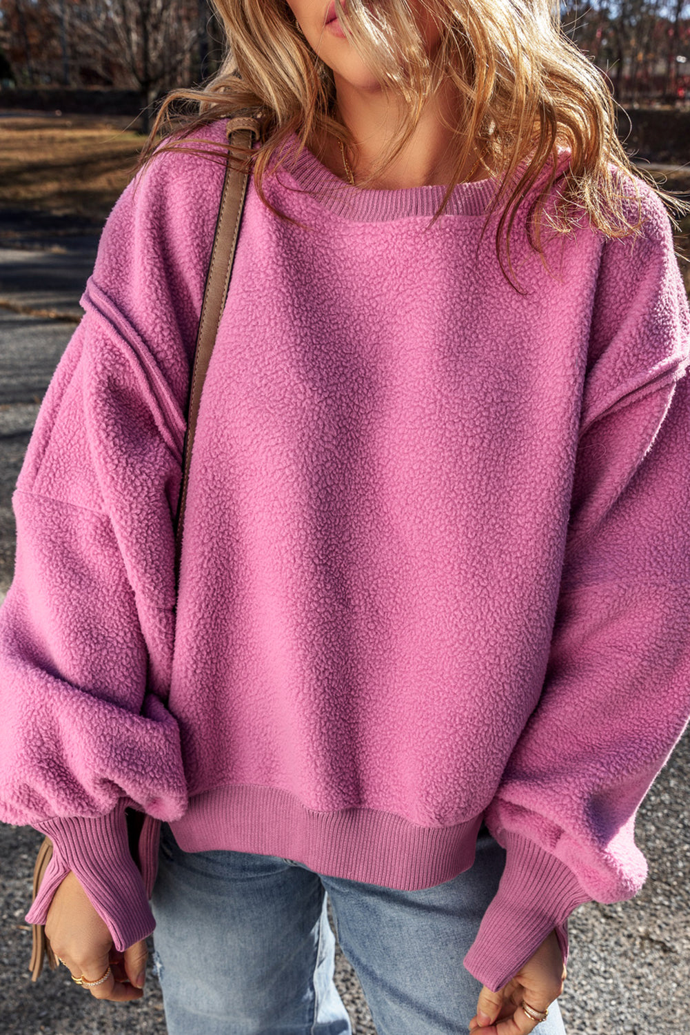 Bright Pink Sherpa Seamed Drop Shoulder Oversized Sweatshirt Sweatshirts & Hoodies JT's Designer Fashion