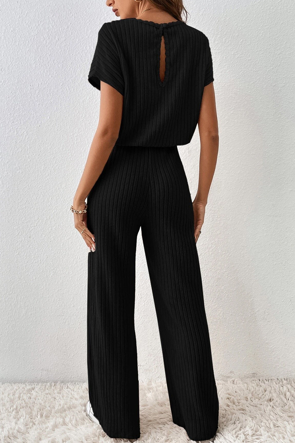 Black Solid Color Ribbed Short Sleeve Wide Leg Jumpsuit Pre Order Bottoms JT's Designer Fashion