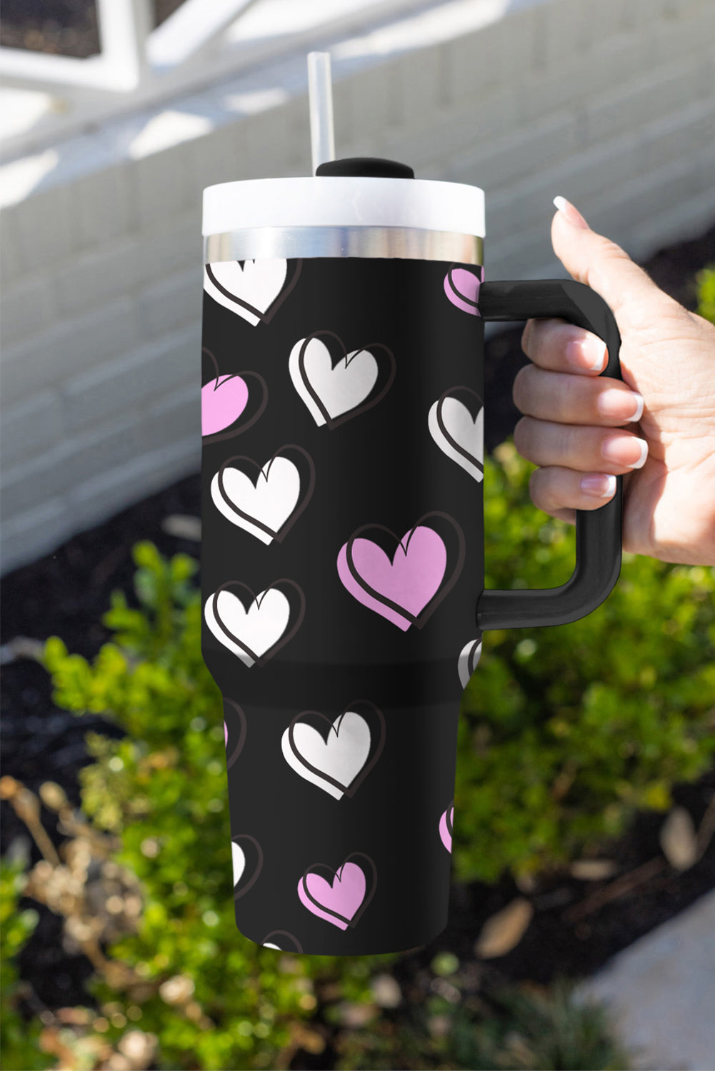 Black Valentines Heart Printed Thermos Cup with Handle Tumblers JT's Designer Fashion