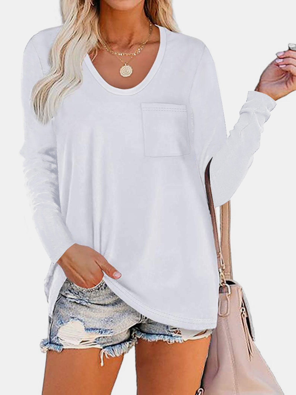 Round Neck Long Sleeve T-Shirt White Long Sleeve Tops JT's Designer Fashion