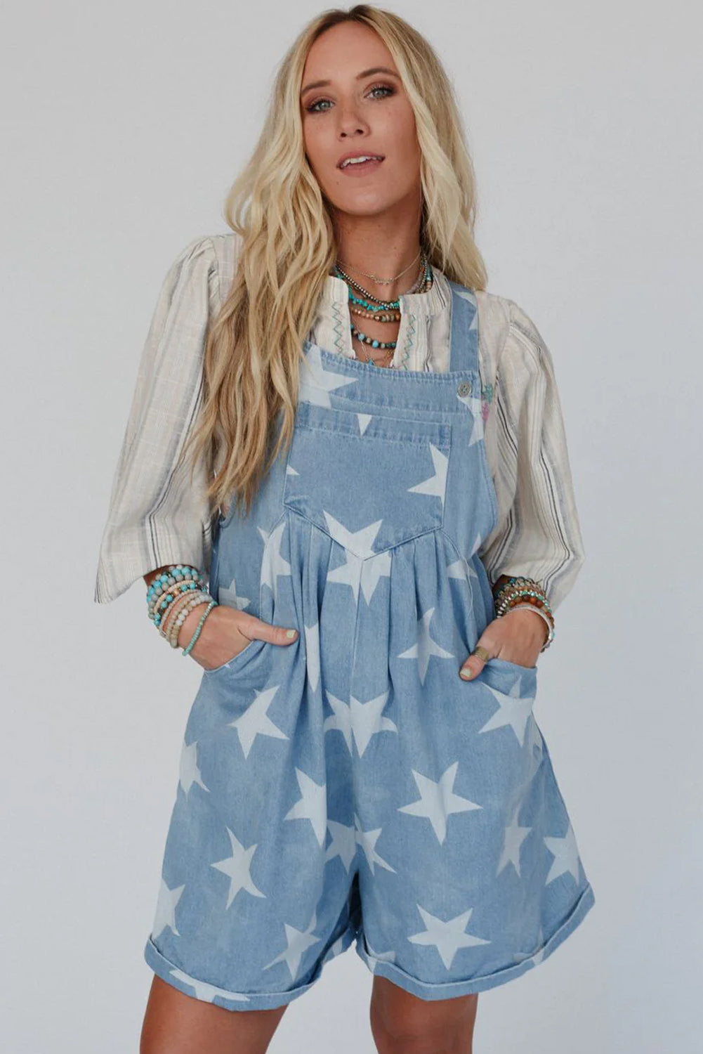 Light Blue Star Printed Buttoned Straps Pocketed Denim Romper Jumpsuits & Rompers JT's Designer Fashion