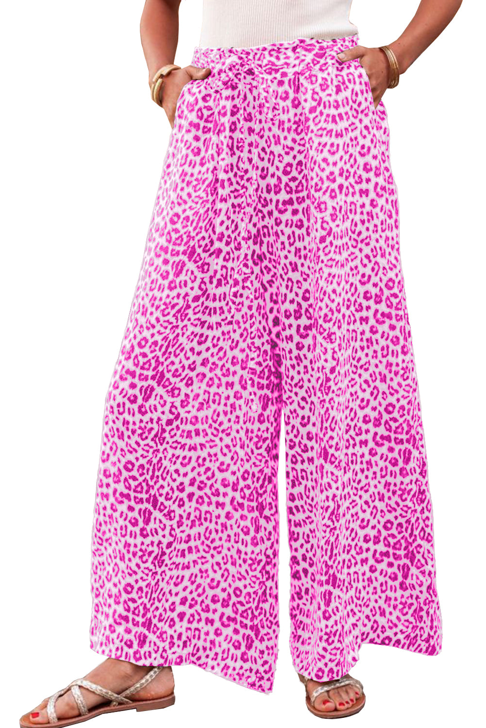 Bright Pink Boho Leopard Wide Leg Pants Bottoms JT's Designer Fashion