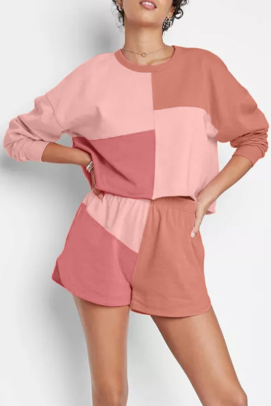 Peach Blossom Colorblock Patchwork Long Sleeve Shorts Outfit Short Sets JT's Designer Fashion