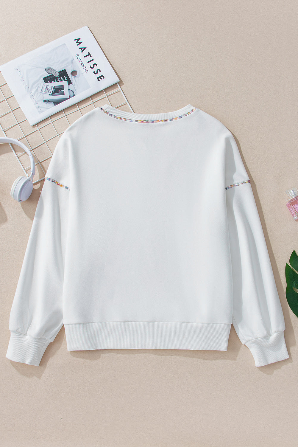 White Contrast Rainbow Trim Drop Shoulder Pullover Sweatshirt Sweatshirts & Hoodies JT's Designer Fashion