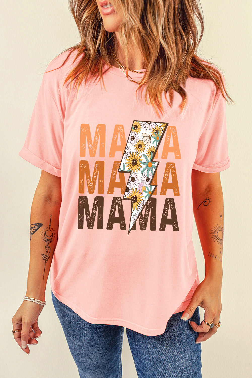 Pink MAMA Sunflower Bolt Graphic T Shirt Graphic Tees JT's Designer Fashion