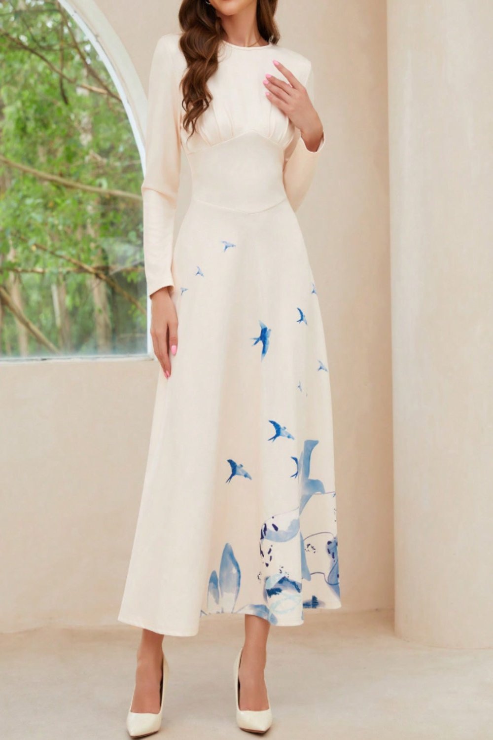 Printed Round Neck Long Sleeve Midi Dress Cream Maxi Dresses JT's Designer Fashion