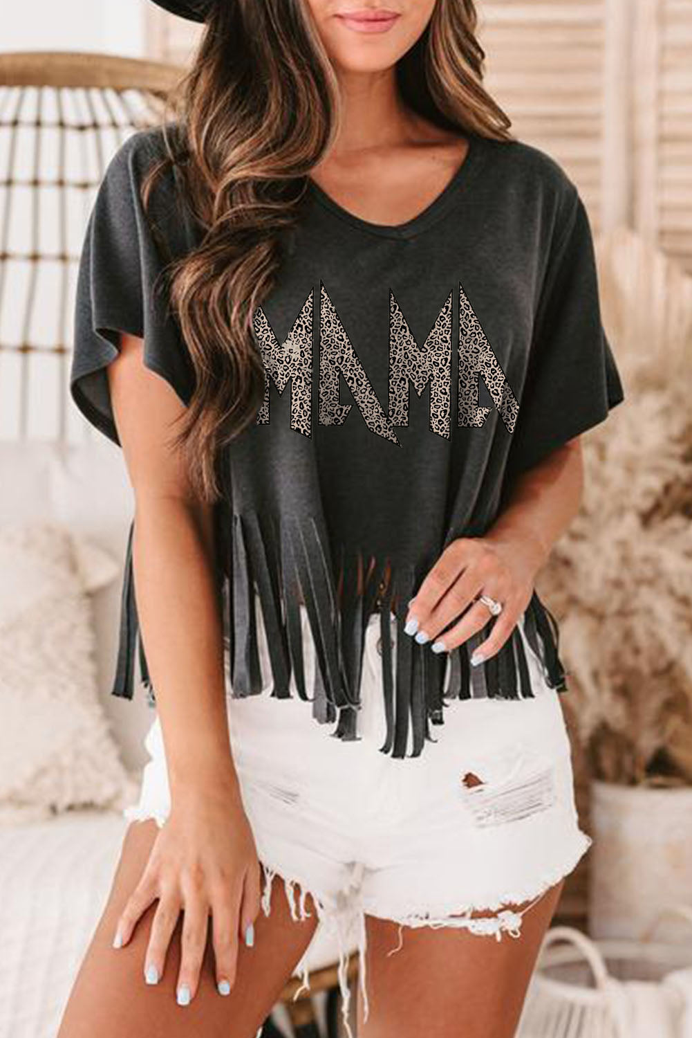 Black Leopard MAMA Fringed Hem Top Graphic Tees JT's Designer Fashion