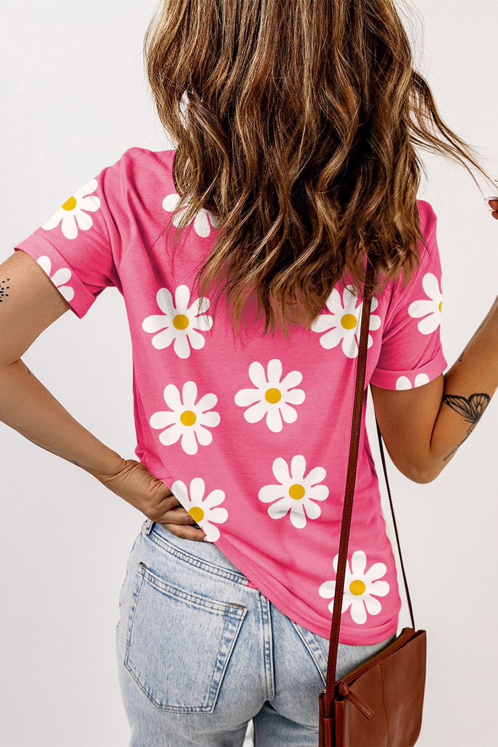 Pink Daisy Printed Crewneck T Shirt Tops & Tees JT's Designer Fashion