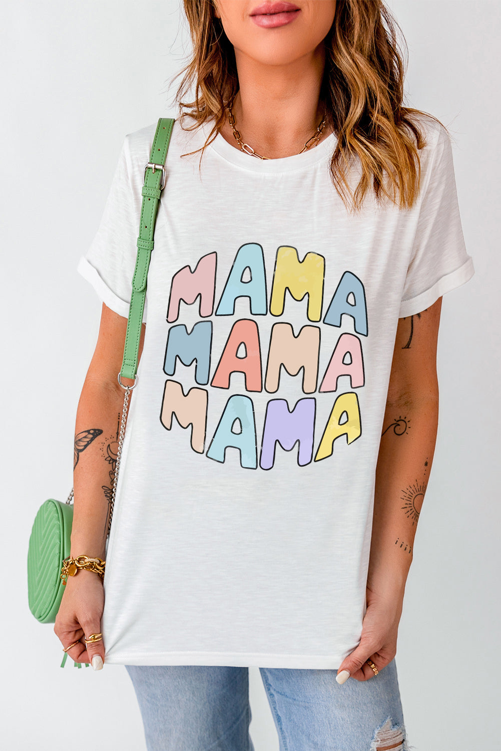 White MAMA Slogan Print Crew Neck Casual T Shirt Graphic Tees JT's Designer Fashion