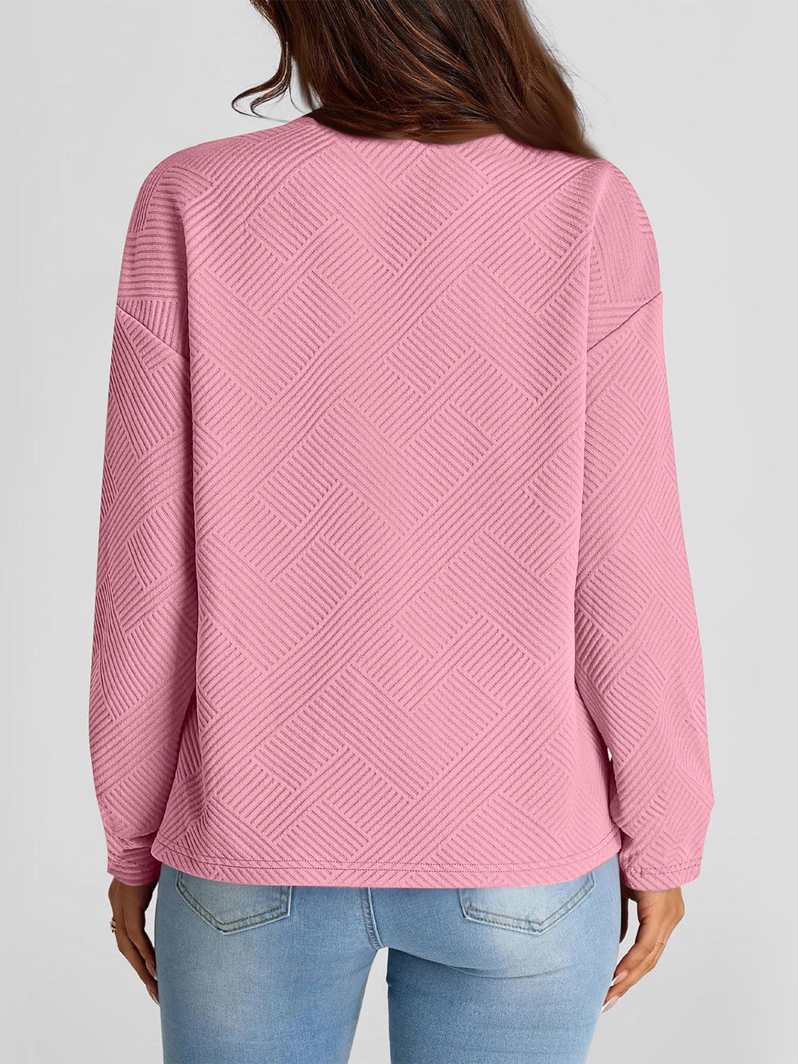 Full Size Texture Round Neck Long Sleeve Sweatshirt Pink Long Sleeve Tops JT's Designer Fashion