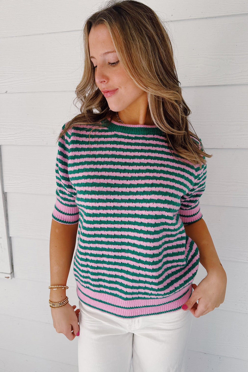 Green Stripe Striped Eyelet Knit Puff Sleeve Sweater Tee Pre Order Sweaters & Cardigans JT's Designer Fashion