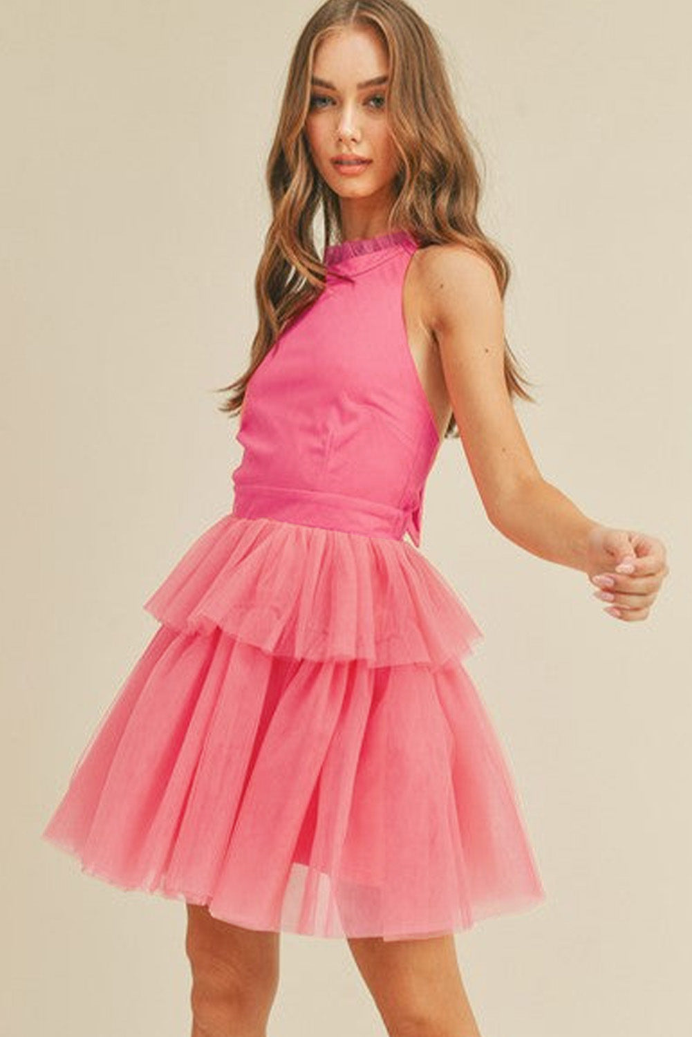 Strawberry Pink Gauze Ruffle Tiered Knotted Halter Dress Dresses JT's Designer Fashion