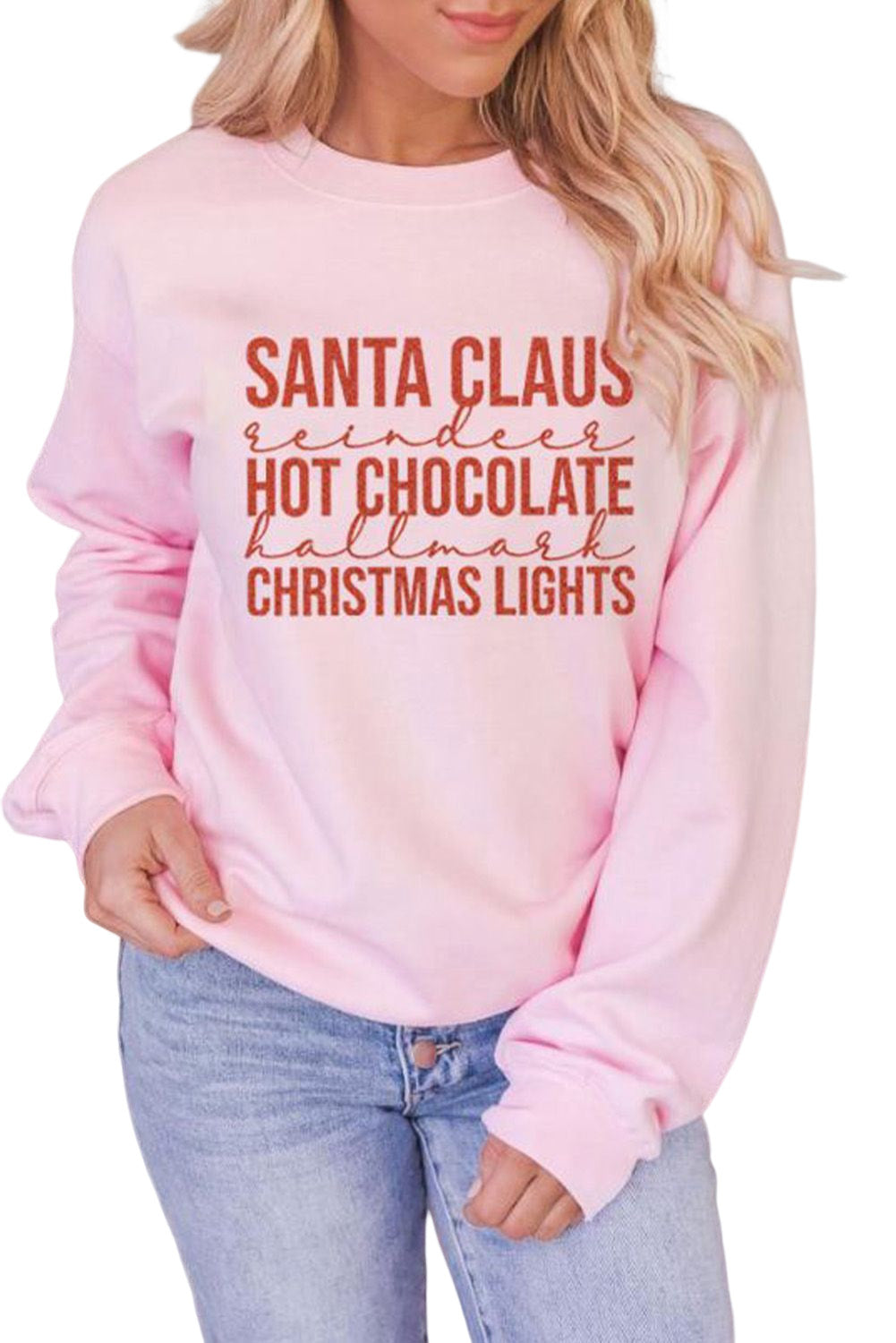 Pink Christmas Letters Glitter Pattern Print Pullover Sweatshirt Graphic Sweatshirts JT's Designer Fashion