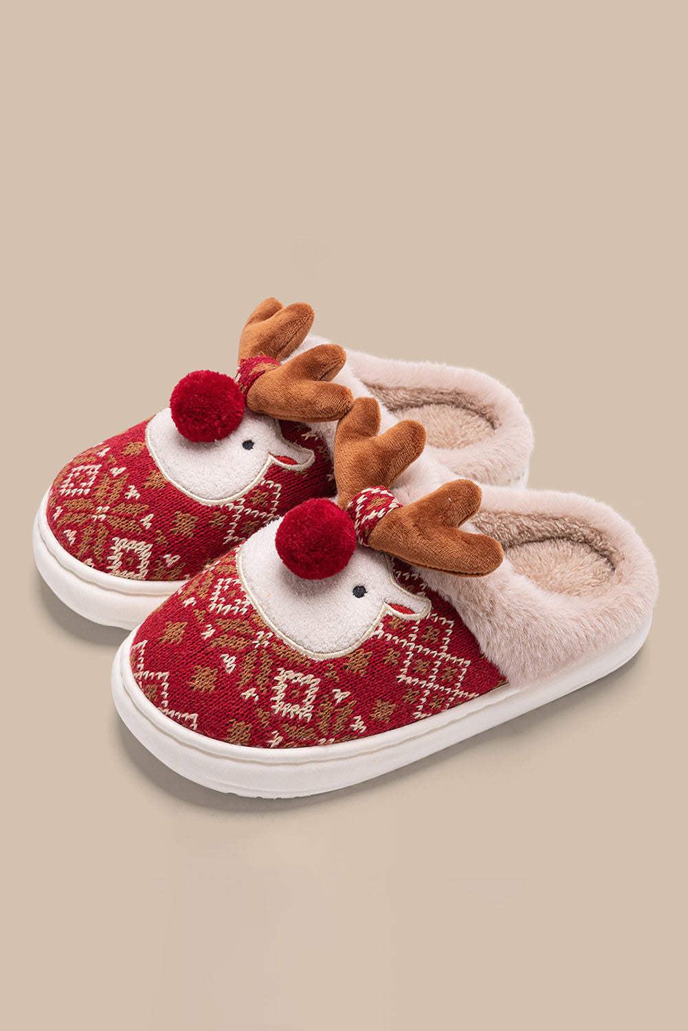 Fiery Red Christmas Cartoon Reindeer Plush Home Slippers Slippers JT's Designer Fashion