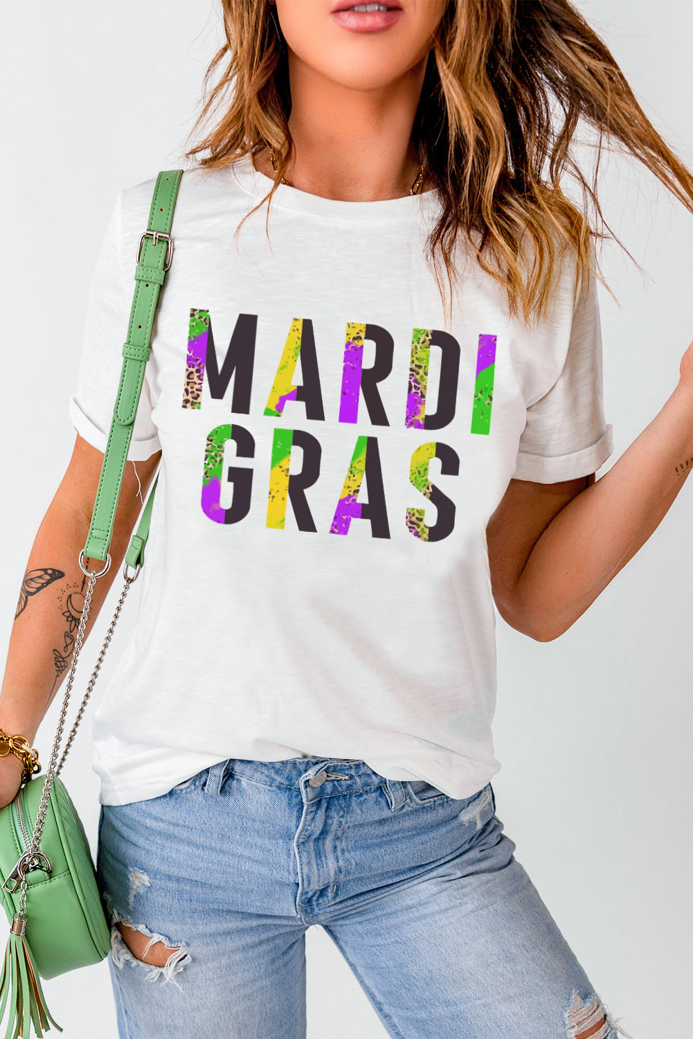 White Crew Neck Mardi Gras T-shirt Graphic Tees JT's Designer Fashion