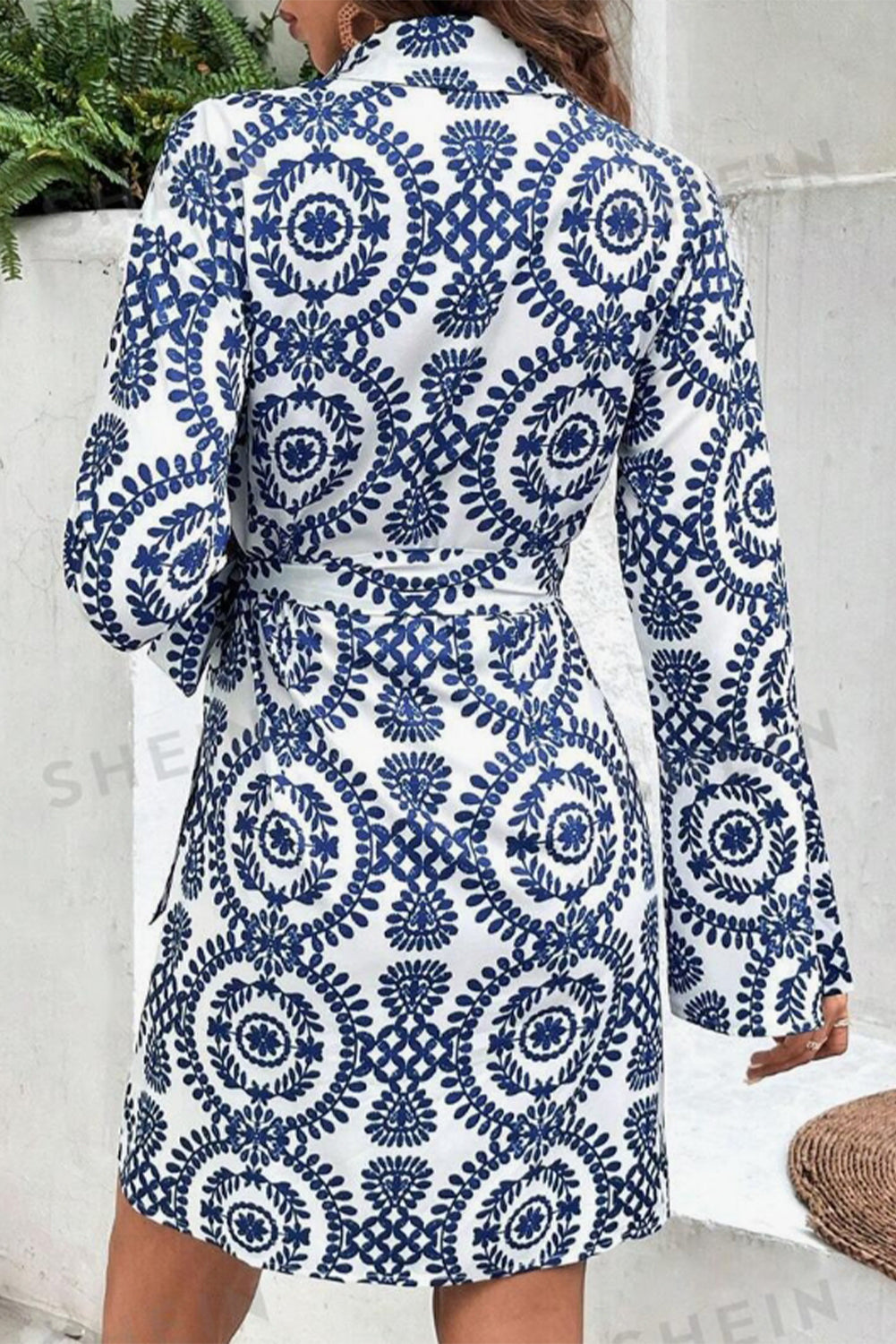 Blue Floral Print V Neck Wrapped Knot Long Sleeve Dress Floral Dresses JT's Designer Fashion