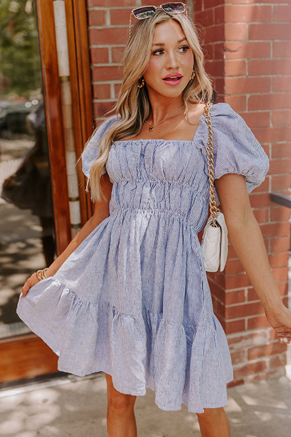 Sky Blue Stripe Bubble Sleeve Square Neck Ruched Pocketed Babydoll Dress Mini Dresses JT's Designer Fashion