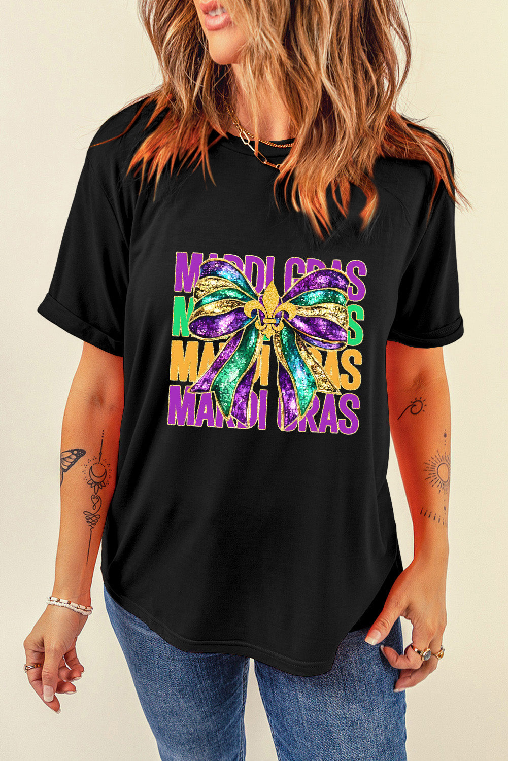 Black MARDI GRAS Fleur de Lis Bowknot Printed Crewneck Tee Graphic Tees JT's Designer Fashion