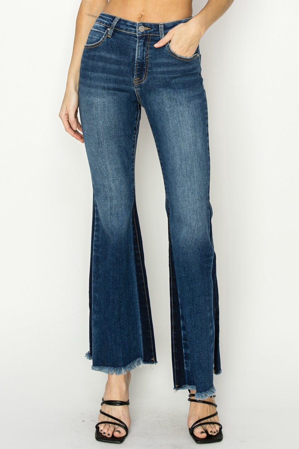 RISEN Full Size High Rise Side Shadow Seam Detail Slit Flare Jeans Dark Jeans JT's Designer Fashion