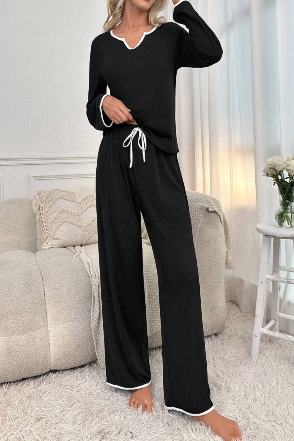 Contrast Trim Notched Long Sleeve Top and Pants Lounge Set Black Sleepwear JT's Designer Fashion