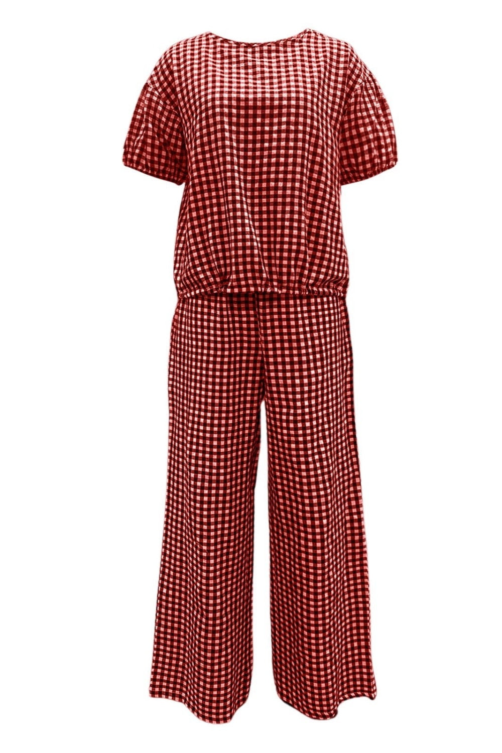 Full Size Plaid Round Neck Half Sleeve Top and Pants Set Pant Sets JT's Designer Fashion