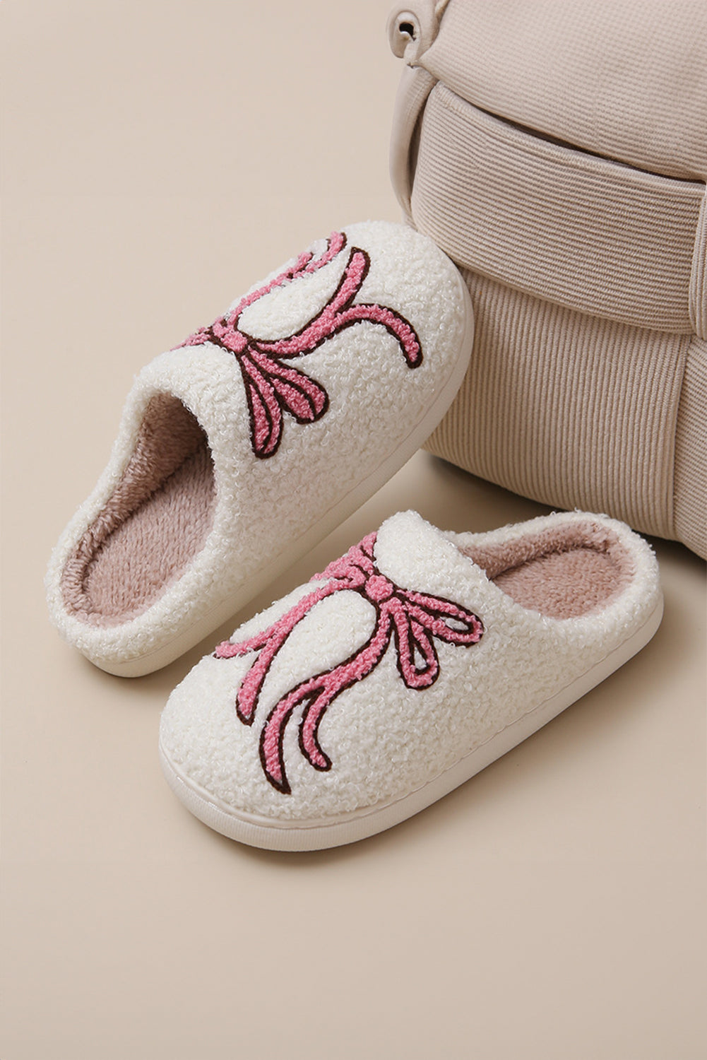 White Bow Knot Pattern Plush Warm Slippers Slippers JT's Designer Fashion